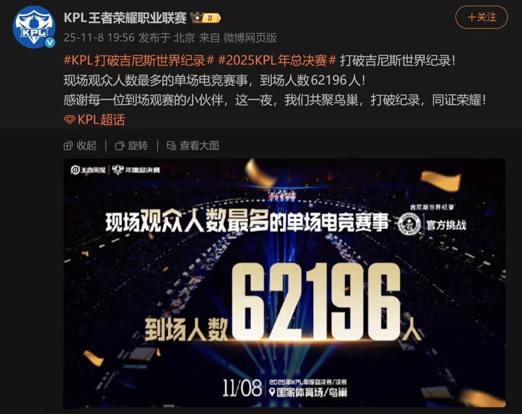2025KPL年度总决赛62196人打破纪录!冯骥:去年全球最赚钱TOP10游戏有4款国产